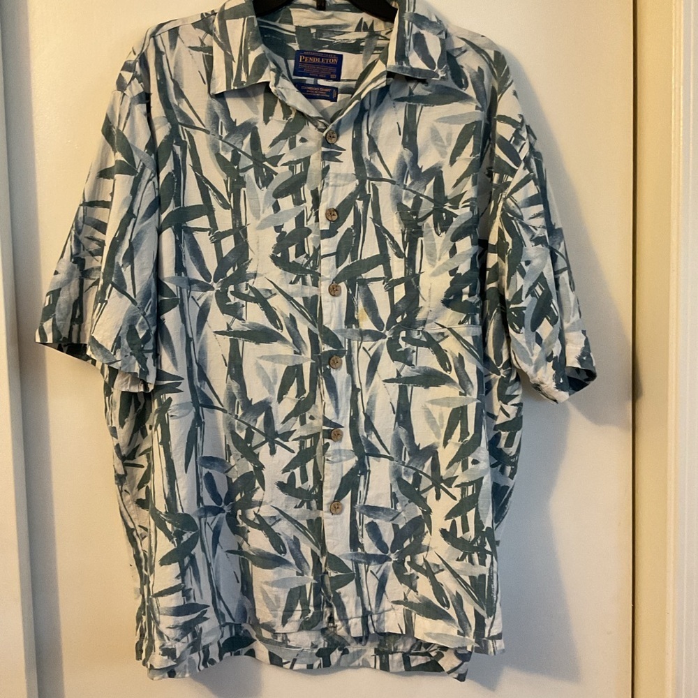 Pendleton XL Mens Bamboo Hawaiian Shirt Blue White Leaf Print Short Sleeve Aloha